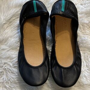 Tieks Black Leather Flats with Teal Soles